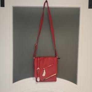 Red Crossbody Shoulder Bag with Gold Accents